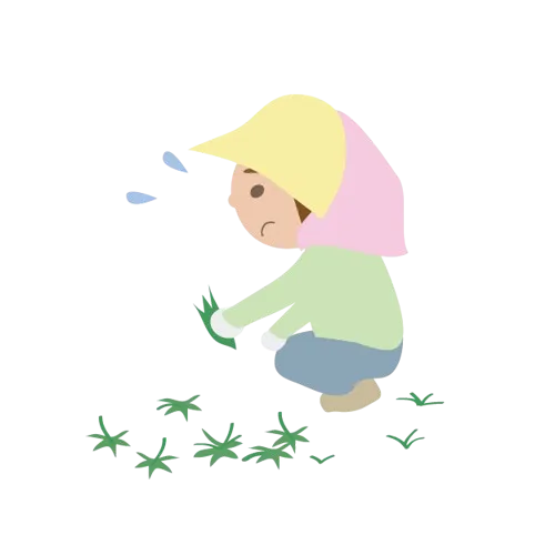 しゃがんで草取りしている女性のイラスト