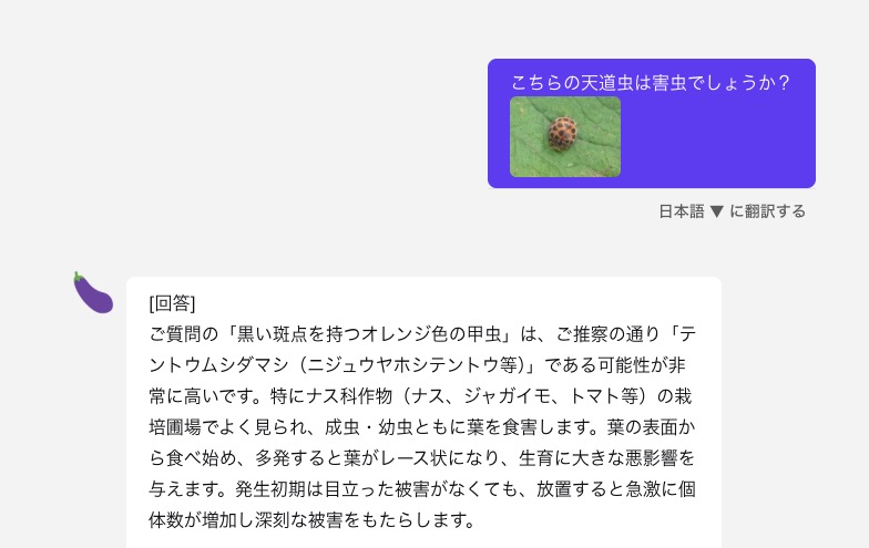 栽培アシストAIに虫の画像を送付して回答してもらったチャットの画像