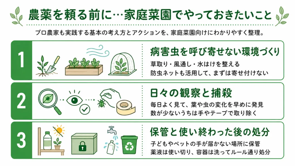 農薬を頼る前に…家庭菜園でも知っておいてほしいこと　見出し直下図解イラスト