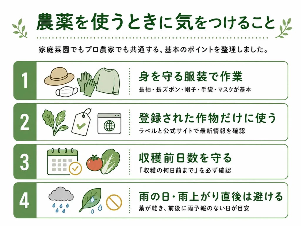 家庭菜園で農薬を使うときに注意したこと一覧　イラスト